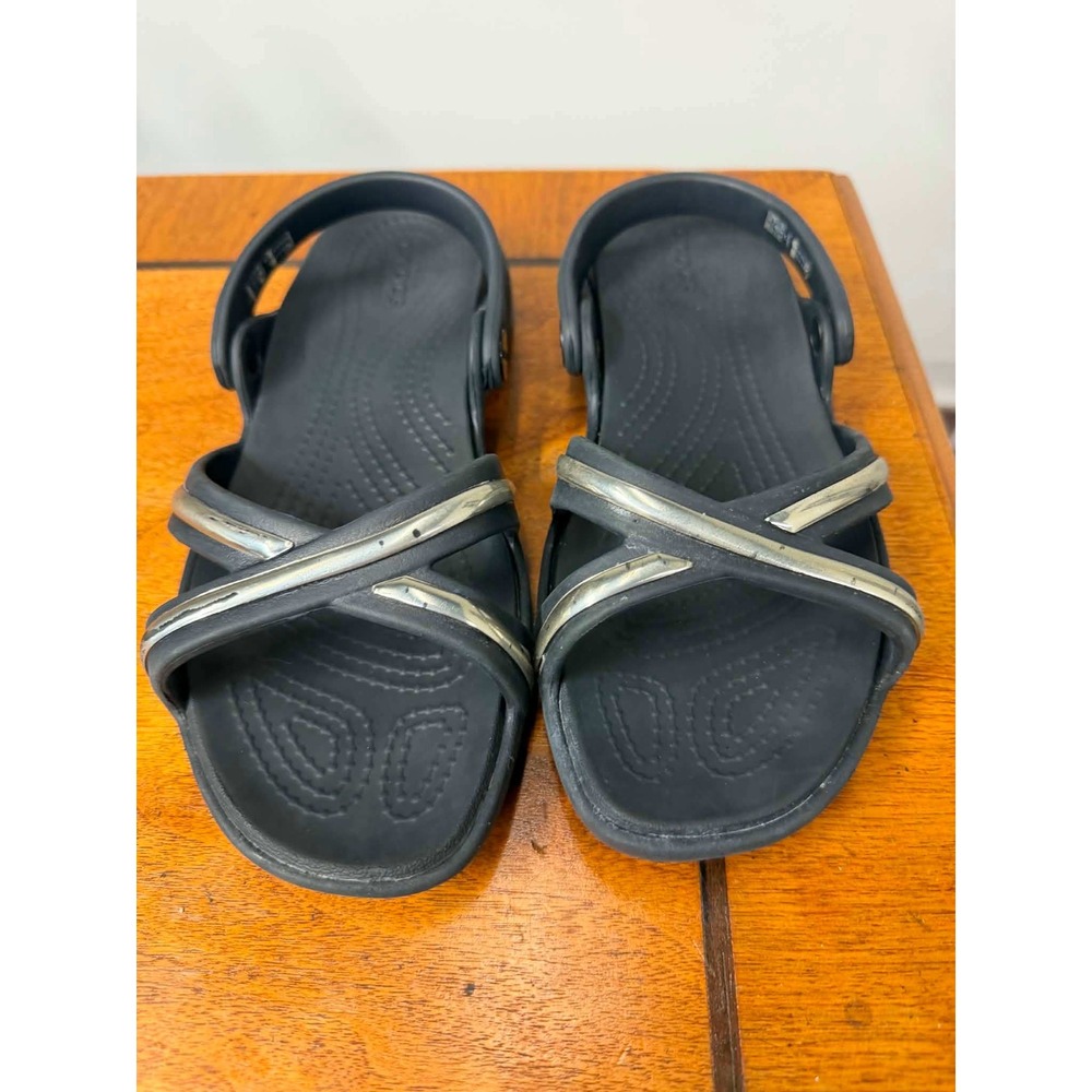 Crocs Swiftwater Metallic Strappy Sandals Black Silver Women Size 7 204521
